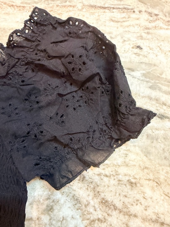 SHEIN Black Smocked Top Puff Sleeve Eyelet Blouse Womens Medium - Picture 3 of 7